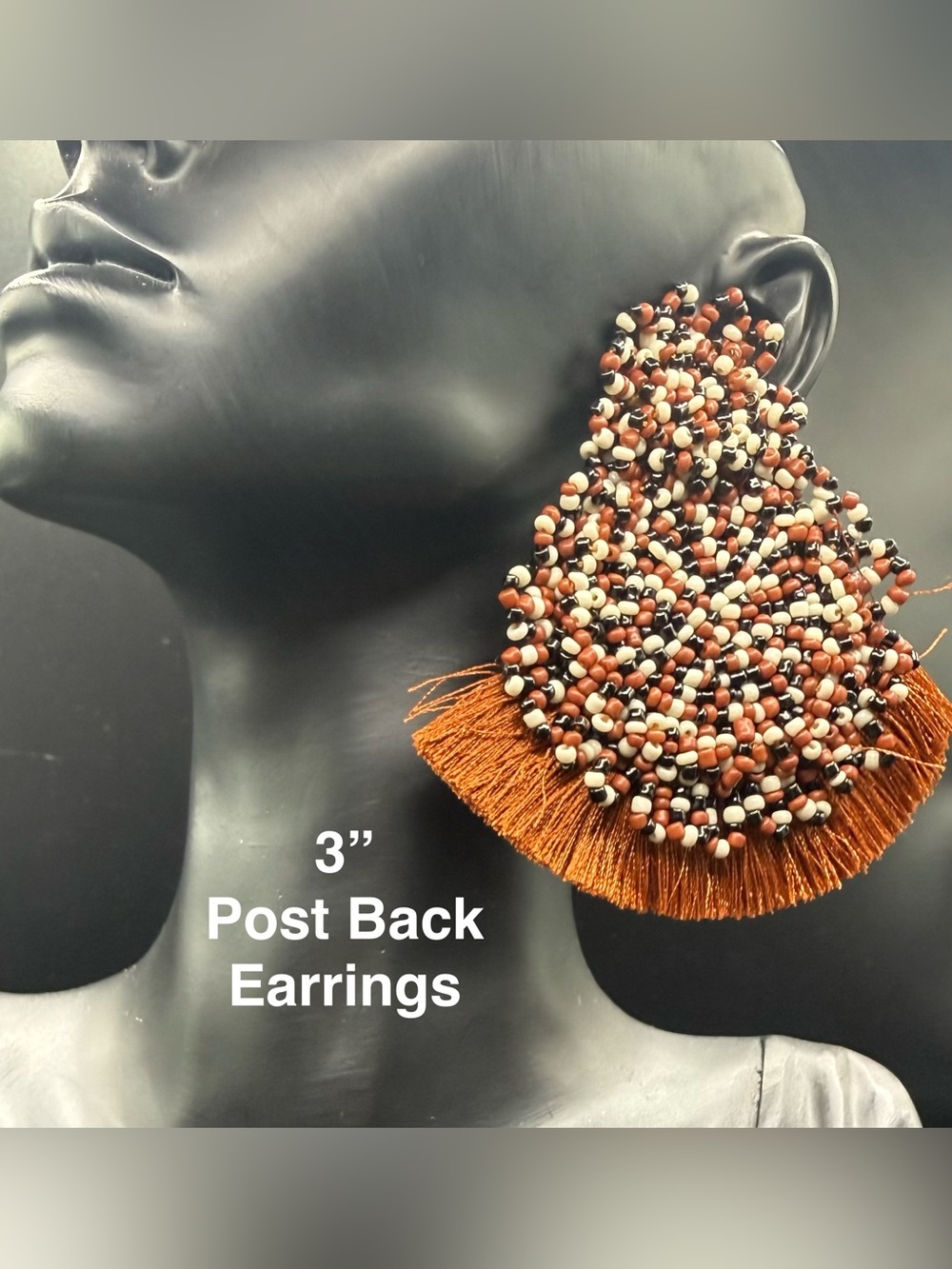 Beaded Fringe Post-Back Earrings in Rust & Cream